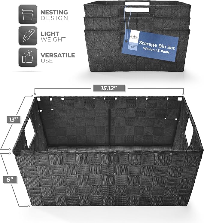 Sorbus Set of 3 Large Woven Storage Baskets – Mesh Hand-Woven Baskets for Organizing, Fabric Storage Bins for Linen Closet Organizer, Storage Baskets for Shelves and Home Organization (Black) - Image 3