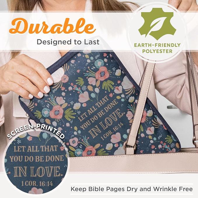 Christian Art Gifts Men/Women's Bible Cover All that You Do 1 Corinthians 16:14, Navy Floral Canvas, Large - Image 3