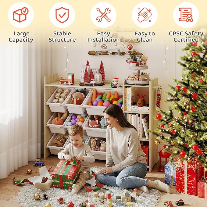 DOREROOM Toy Storage Organizer with Bookshelf, Kids Toy Storage and Organizers with 3 Shelves/9 Bins/3 Hooks, Bin Shelf, Toy Organization for Playroom, Nursery, Bedroom, Toddler Room | Wood & White - Image 8
