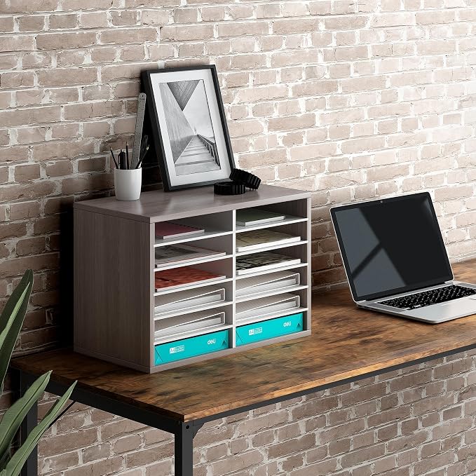 EasyPAG 12 Compartments Wooden Literature Organizer with Adjustable Shelves, 6000 Sheets Capacity Paper Organizer, Classroom Mailbox and Mail Sorter for Teachers and Office, Retro Gray/White - Image 6