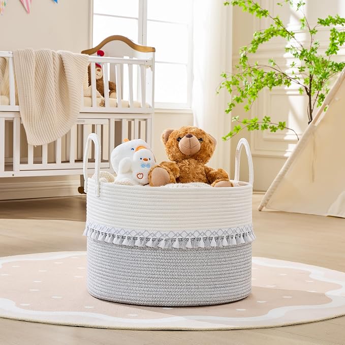 KAKAMAY Large Blanket Basket with Handles, Storage Basket for Living Room | Extra Large Capacity | Natural Cotton Rope | Blanket Storage | Woven Storage Basket | Stuffed Animal Storage | Laundry Basket - Image 2