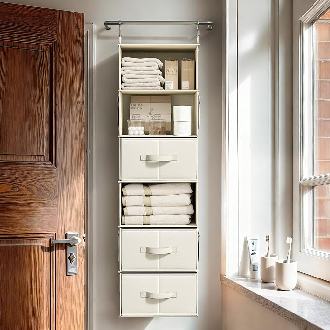 6-Shelf Hanging Closet Organizer with 3 Fabric Drawers, Beige | Removable Fabric Drawers, Side Pockets, Reinforced Structure, Space-Saving Storage for Clothes, Nursery and Dorm Rooms - Image 9