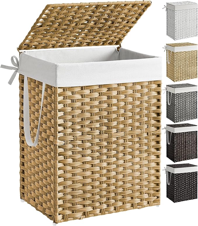 SONGMICS Laundry Hamper with Lid, 23.8 Gallon (90 L) Synthetic Rattan Clothes Laundry Basket with Lid and Handles, Foldable, Removable Liner, Goose Yellow ULCB51NL by Unknown