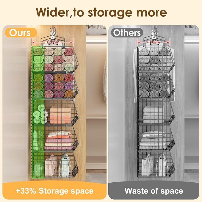4" Extra Deeper Hanging Closet Organizers and Storage,4 Tier Foldable Wire Cabinet Shelves with 5 S Hooks,Small Metal Basket Bins for Clothes Sweaters Handbags, Wardrobe for Kitchen Laundry Room，Black - Image 5