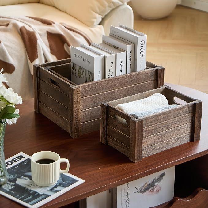 Large Vintage Brown Wooden Crates For Storage,Nesting Handmade Solid Wood Vintage Black Wood Storage Boxes.Storage Crates For Organizing. - Image 4