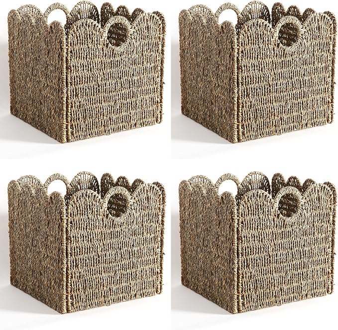 Scalloped Wicker Storage Cubes Basket, 12”x12“ Heavy Duty Paper rope/Hyacinth/Seagrass Baskets for Shelves, Foldable Natural Boho Square Bins (Seagrass&12 x 12 x 12in&4-Pack) by Unknown