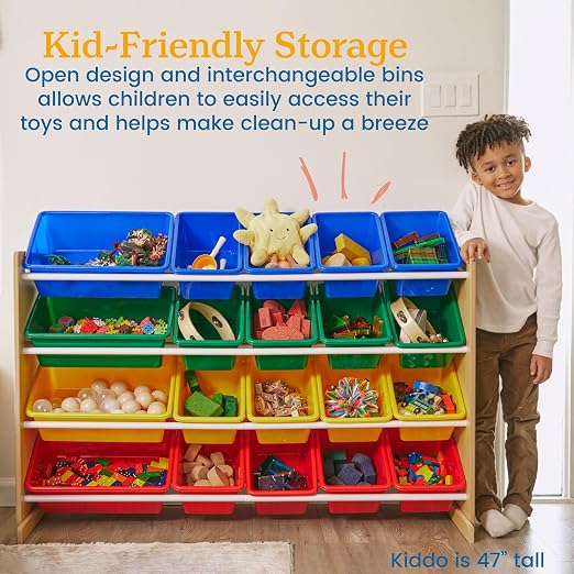ECR4Kids 4-Tier Organizer with 20 Removable Plastic Bins, 4x5, Toy Storage, Natural/Primary | Durable plastic bins, MDF panels, steel frame, GREENGUARD Gold Certified, 72 lb capacity, anti-tip kit, playroom/classroom - Image 5