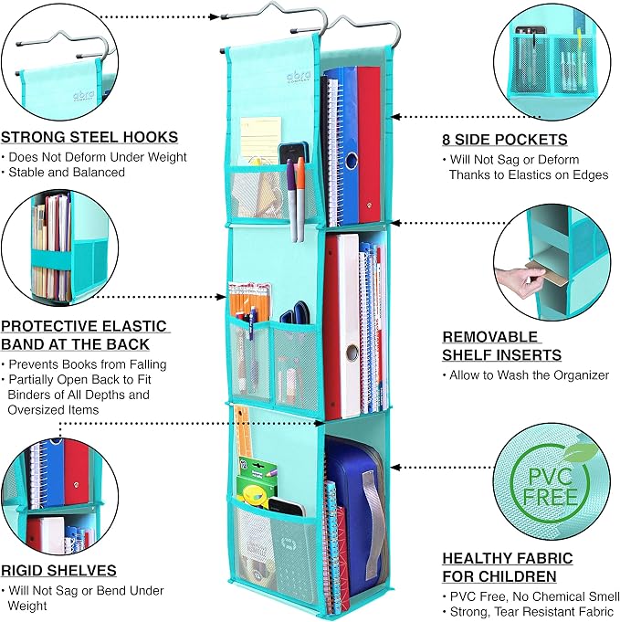 ABRA® 3 Shelf Hanging Locker Organizer for School, Work, Gym, Storage | Deep Shelves 6.5" x 9”| Eco-Friendly Fabric | Adjustable School Locker Shelf from 3 to 2 Shelves (Ocean Turquoise).5 - Image 4
