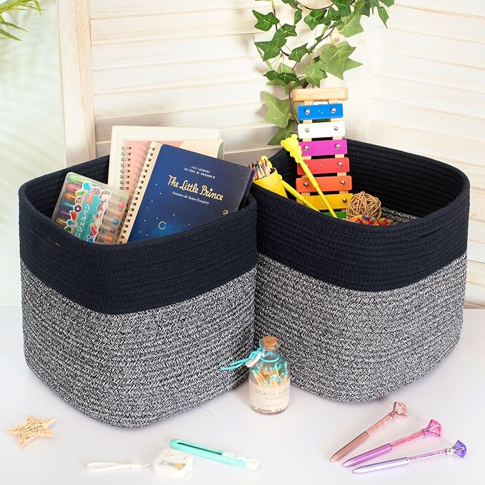 3-Pack 11x11in Woven Cube Storage Bin and Shelf Baskets, Cute Decorative Square Organizer for Closet, Classroom, Bathroom, Dog and Cat Toys, and Books, Navy Blue - Image 4