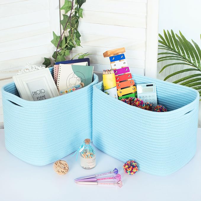 3-Pack Decorative Woven Storage Baskets for Shelves, Cube Bin Box for Organizing Books, Shoes, Dog Toys, Pantry Closet and Living Room Organizer, Sky Blue - Image 3