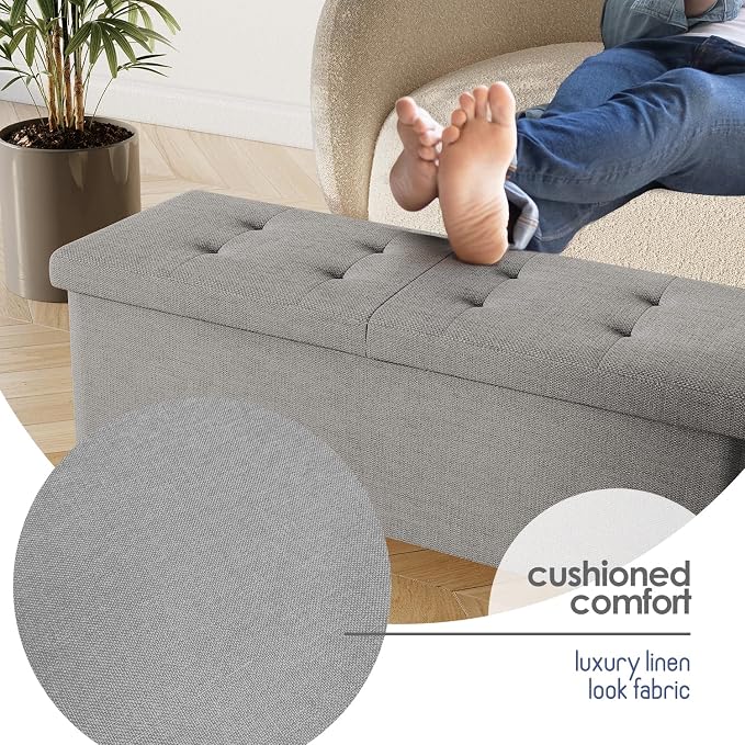 Storage Ottoman Bench with Bins, 43-in Storage Bench for Bedroom End of Bed, Folding Foot Rest Ottoman for Living Room Max 660lbs, Fabric Ottomans, Light Grey - Image 7