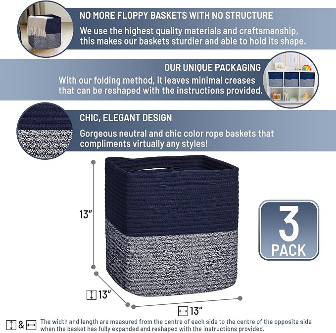 NaturalCozy 13 Inch Cube Storage Bins Cotton Rope Woven Baskets for Organizing 3-Pack | 13 x 13 Storage Cubes | Fabric Square Storage Baskets for Shelves Organizer, Kids Toy Bins, Closet Baby Nursery - Image 2