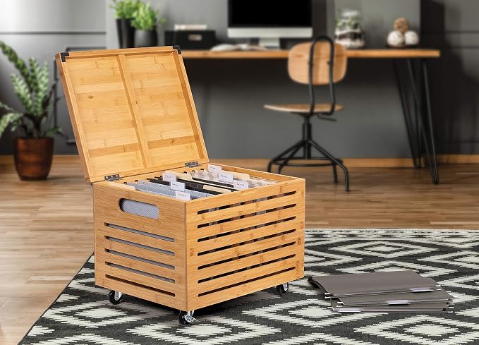 BIRDROCK HOME Bamboo Rolling File Storage Organizer Box with Lid - Decorative File Cabinet on Wheels, Portable File Box on Wheels, Mobile Filing Solution - Natural | Decorative Bamboo Hanging File Box with Lid and Wheels, Small Filing Cabinet Under Des... - Image 9