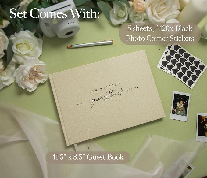 Wedding Photo Guest Book (Cream) - Linen Hardcover | Photo Corner Stickers | A4 Hardcover 11.5" x 8.5" Guestbook | 120 Pages w/ Photo Slots & Lines | Bridal Shower Engagement Party Wedding Reception - Image 2