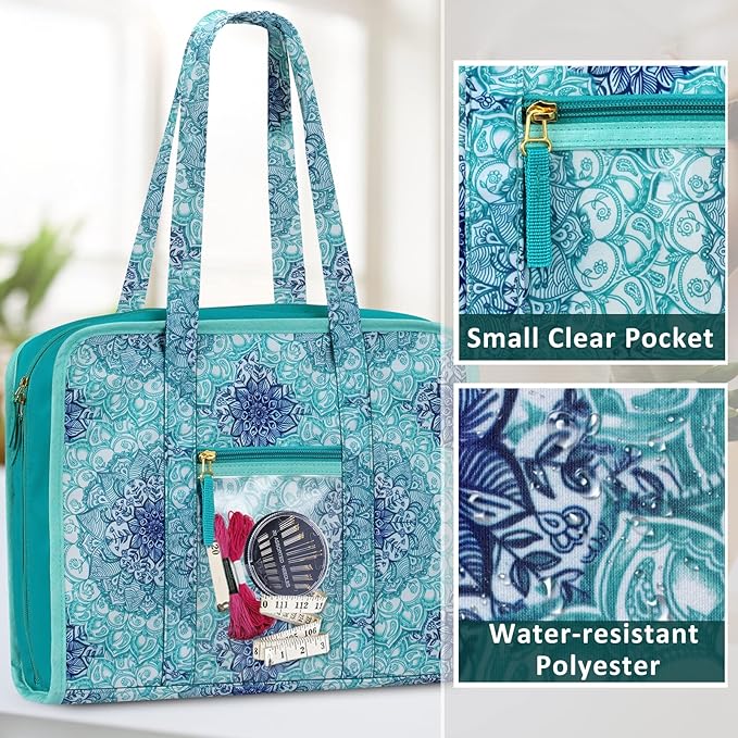 FINPAC Sewing and Craft Supplies Storage Tote Bag with Clear Pockets | Large Art Organizer Caddy Travel Packing Shoulder Bag for Knitting, Sewing Accessories, Emerald Illusions - Image 5