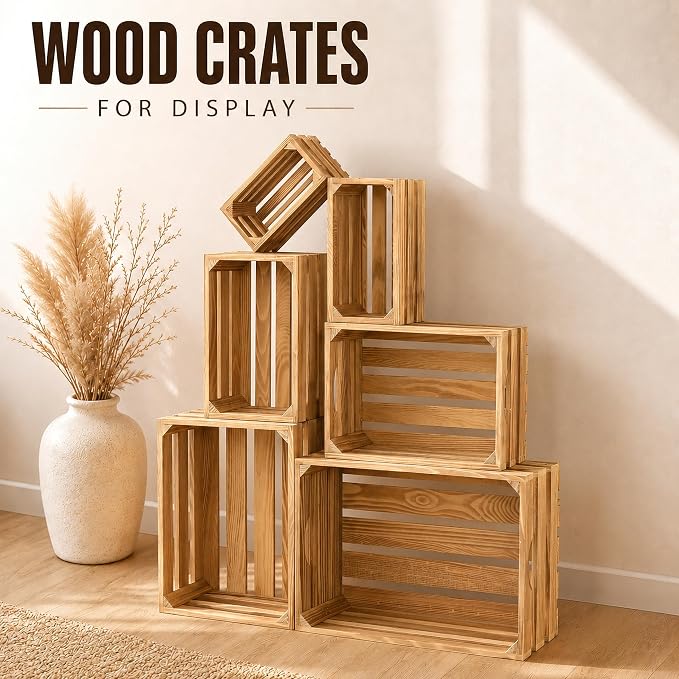 Wooden Crates for Display 6 Pack Nesting Crates for Weddings and Decor | Six Nesting Pine Crates with Cutout Handles for Wedding Displays, Farmhouse Decor, Storage, Farmers Markets, and DIY - Image 3