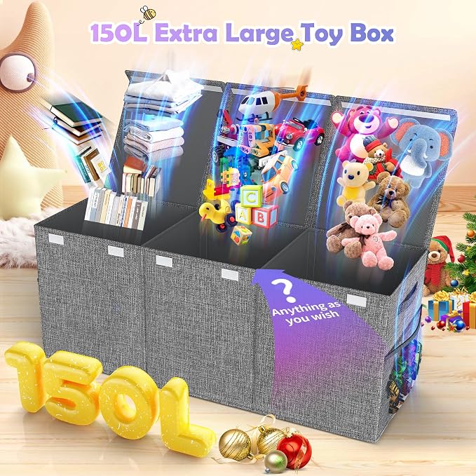 Extra Large Toy Box with Lids, Large Storage Chest Organizer, 40"x14"x16" | Collapsible Sturdy Kids Toy Chest Bins with Dividers for Boys Girls, Nursery Bedroom Playroom Organization, Gray - Image 2