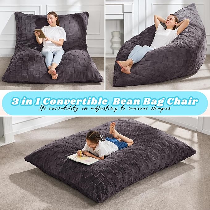 Hobestluk Adult Bean Bag Chair 3 in 1 Convertible Large Bean Bag Sofa | Plaid Dark Grey,Machine Washable,Removable Cover,Easy Convert And Install,Floor Bed,For Livingroom Bedroom - Image 4