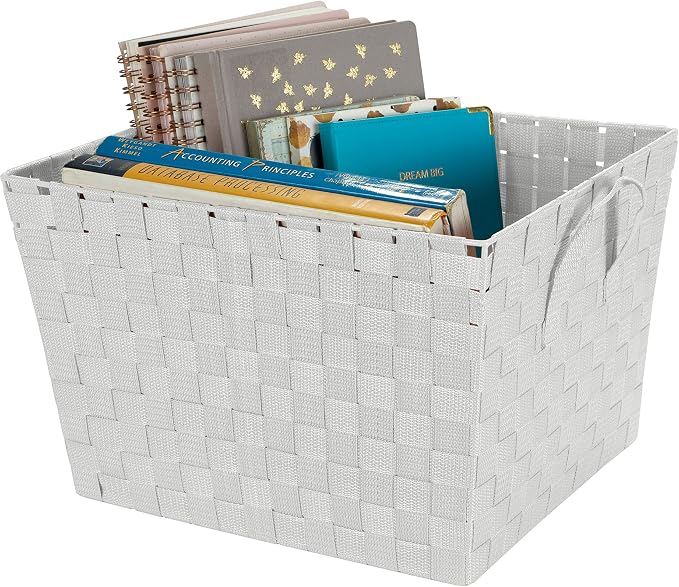 Simplify Large Woven Strap Tote | Decorative Storage Basket | 2 Handles | Organization | Closet | Bedroom | Bathroom | Nursery | Accessories | Toys | Gifts | 2 Pack | White - Image 7