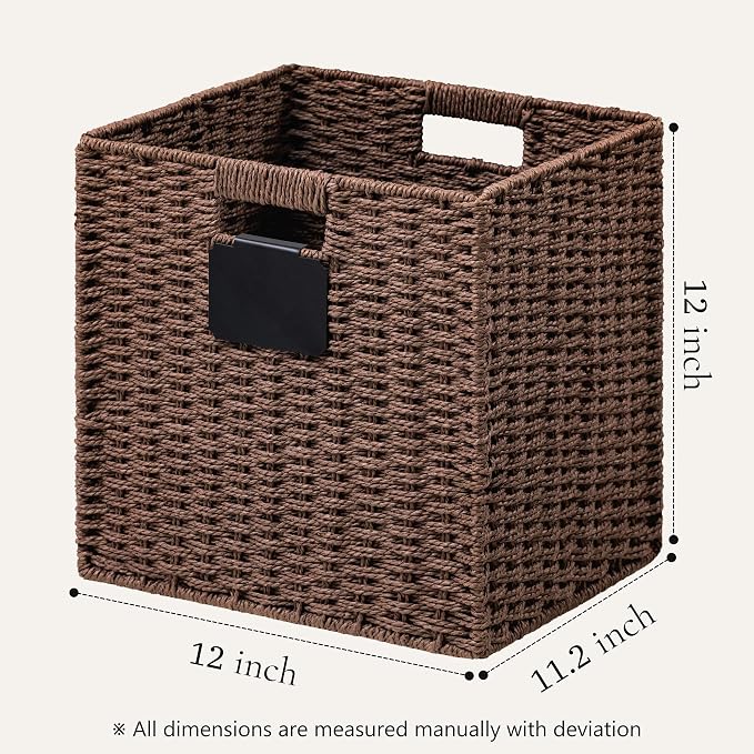 UBBCARE 2 Pack Wicker Basket, 12×12 Storage Cubes with Label, Foldable Cube Storage Bin with Handle, Square Storage Basket for Shelves, Woven Paper Rope Basket for Organizing, Brown - Image 2