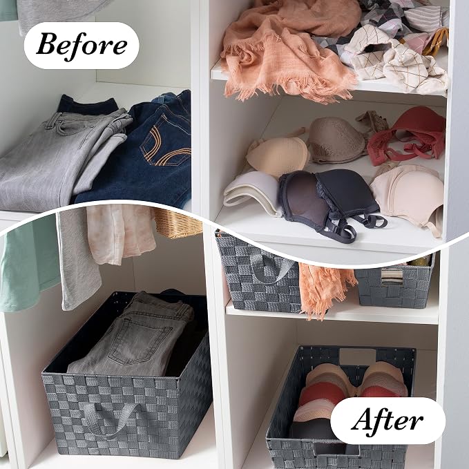 Simplify Small Shelf Woven Strap Tote | Decorative Storage Basket | Built in Handles | Organization | Closet | Bedroom | Bathroom | Nursery | Accessories | Toys | Gifts | 4 Pack | Grey - Image 6