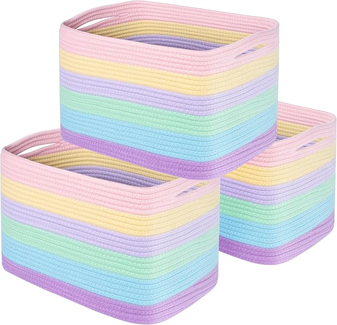 3-Pack Storage Baskets and Cube Bins for Shelves, Playroom and Classroom, Decorative Woven Closet Organizers for Books, Shoes, and Pantry Items, Pastel Rainbow by MINTWOODDesign