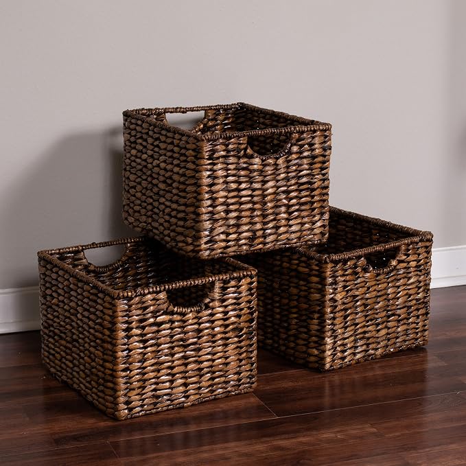 BIRDROCK HOME Storage Shelf Organizer Baskets with Handles - Handwoven Abaca Seagrass Wicker Basket for Pantry, Living Room, Office & Bathroom, Versatile Under Shelf Storage - Set of 3, Brown Wash | Woven Storage Baskets for Shelves with Handles, Cube ... - Image 4