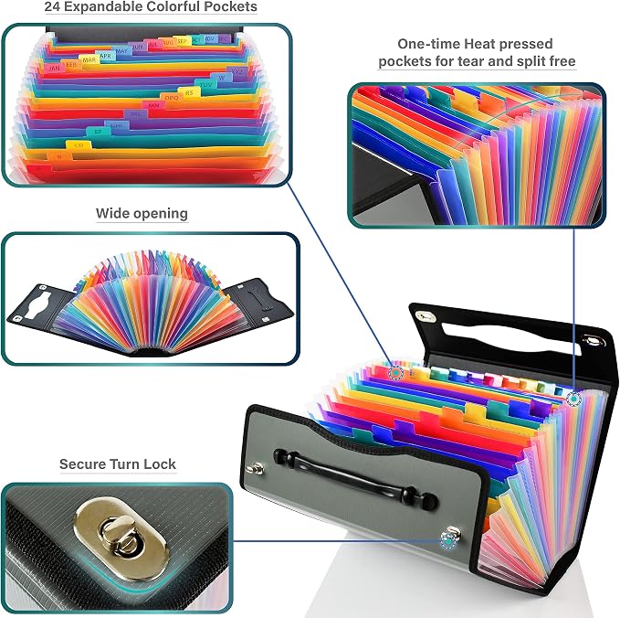 CNK Accordion File Folders with 24 Pockets Organizer for Document Paper Storage Folder Documents Expanding Binder Folio Pocket Receipt Filing Expandable Files Dividers Labels Letter Durable Handle - Image 4