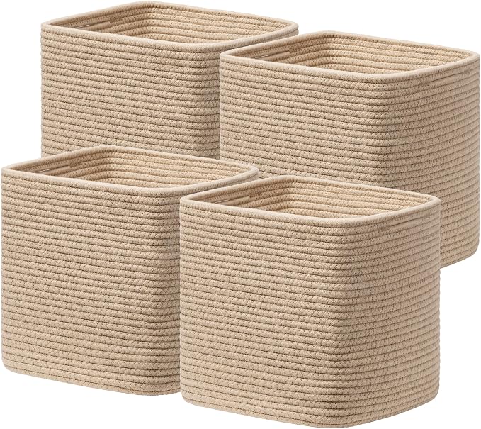 joybest 13inch Cube Storage Bins, Cotton Rope Woven Organizer Basket | Set of 4 Cube Bin Square Shelves Organizer Closet Storage, Nursery, Toy Organization, Brown by joybest