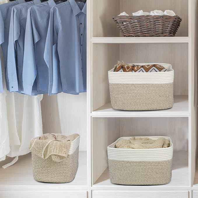 XUANGUO Woven Cotton Rope Storage Baskets 15x10x9.3" 3 Pack White and Brown | Decorative rectangular storage baskets for shelves and closets; storage bins organize clothes, toys, books and nursery items. - Image 5