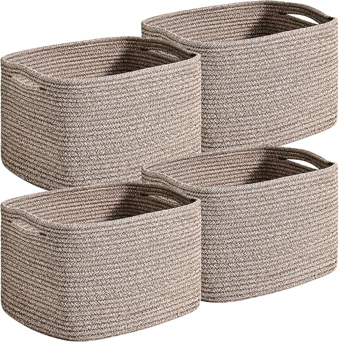 Small Storage Baskets for Organizing Shelves, Cotton Rope Basket for Storage, Cute Rectangular Book Toy Basket, 12.7"×9.1"×7.9", 4 Packs, Dark Brown by Unknown