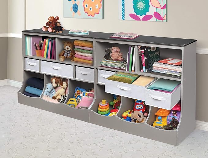 Badger Basket Combo Bin Toy Storage Unit and Book Shelf for Kids with 3 Baskets - Woodgrain/Gray | Kids storage organizer with 3 removable baskets, open shelves & display top for toys, books, clothes & more. - Image 9