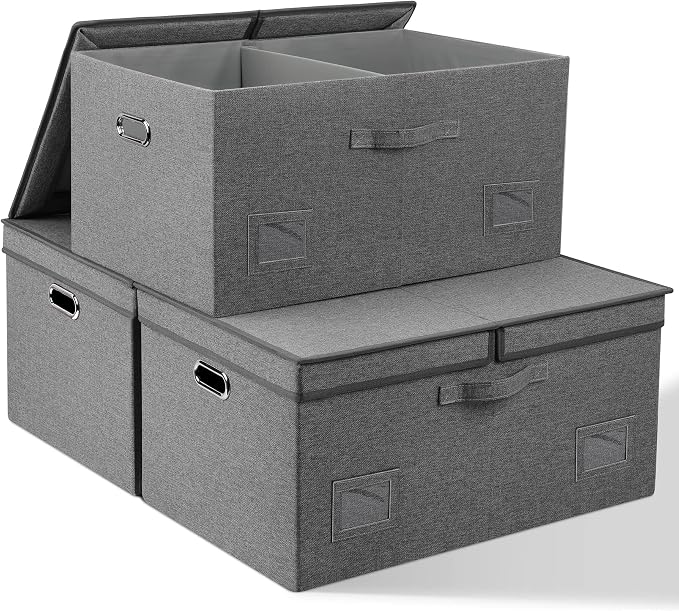 Graciadeco 75 Quarts Extra Large Decorative Storage Bins with Lids, 3 Packs Gray Collapsible Storage Bins with Lids, Stackable Storage Bins Decorative Box Storage With Lid Extra Large | 75 Quarts 3 Pack Gray1 Collapsible Stackable Linen Fabric 4 Handle... by GraciadecoStorage