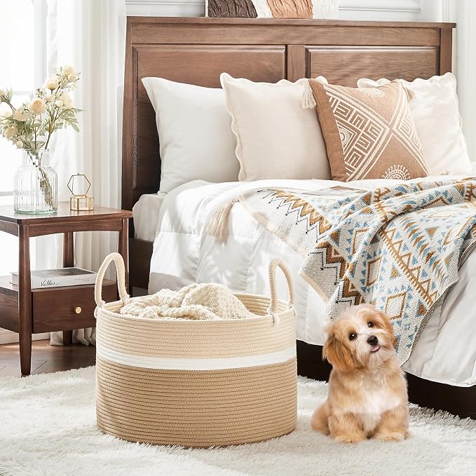 KAKAMAY Large Blanket Basket with Handles, Storage Basket for Living Room | Extra Large Capacity | Natural Cotton Rope | Blanket Storage | Woven Storage Basket | Stuffed Animal Storage | Laundry Basket - Image 6