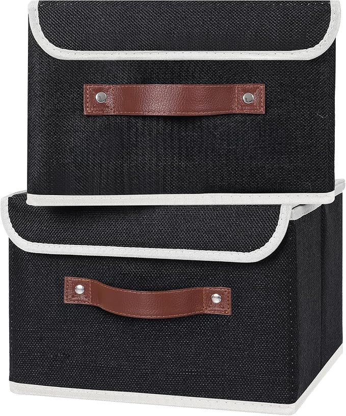 ANMINY Fabric Storage Box Bins with Lids, Black, 10"x8"x7", 4 Pack | Keepsake Memory Storage, Cotton Linen, PP Board Reinforced, Washable, PU Handles, Foldable & Stackable, Decorative, Small - Image 2