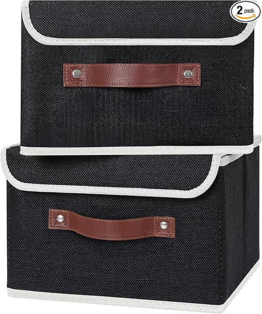 ANMINY Fabric Storage Box Bins with Lids, Black, 10"x8"x7", 2 Pack | Keepsake Memory Storage, Cotton Linen, PP Board Reinforced, Washable, PU Handles, Foldable & Stackable, Decorative, Small by ANMINY