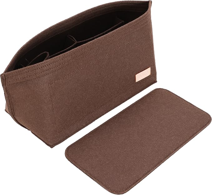 Purse Organizer Insert for Handbags & Base Shaper 2pc Set, Felt Neverfull MM Organizer Insert, Tote Bag Organizer with Zipper Pocket and Bottle Holder, Fit Speedy 30 Neverfull MM and More,Brown-L by Doxo