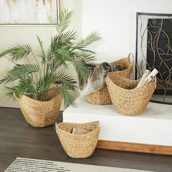 Deco 79 Seagrass Handmade Decorative and Functional Storage Basket Woven Curved Basket Organizer with Silver Metal Handles, Set of 4 Basket for Storage 14", 16", 19", 21"W, Brown | Decorative And Functional Handmade Woven Curved Basket Organizer With S... - Image 3