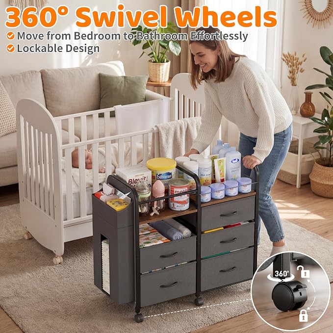CODACE Baby Diaper Caddy Organizer Cart - Baby Organizers and Storage | Bedside Cart with Drawers & Side Storage, Nursery Essentials, 3 Tier Rolling Carts with Wheels for Bedroom, Easy to Assemble - Image 6