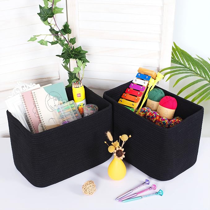 3-Pack Storage Baskets for Shelves, Playroom and Classroom, Book Basket, Decorative Storage Cube Bins, Woven Closet Organizers, Pantry and Shoe Organizer, Full Black - Image 3