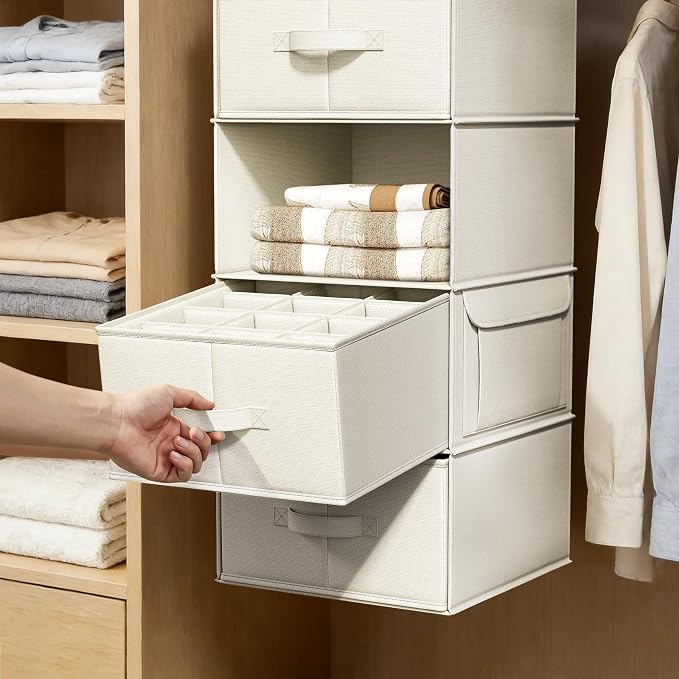 6-Shelf Hanging Closet Organizer with 3 Fabric Drawers, Beige | Removable Fabric Drawers, Side Pockets, Reinforced Structure, Space-Saving Storage for Clothes, Nursery and Dorm Rooms - Image 6