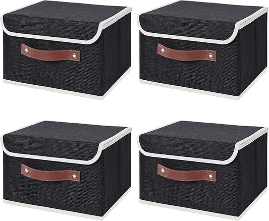 ANMINY Fabric Storage Box Bins with Lids, Black, 10"x8"x7", 4 Pack | Keepsake Memory Storage, Cotton Linen, PP Board Reinforced, Washable, PU Handles, Foldable & Stackable, Decorative, Small by ANMINY