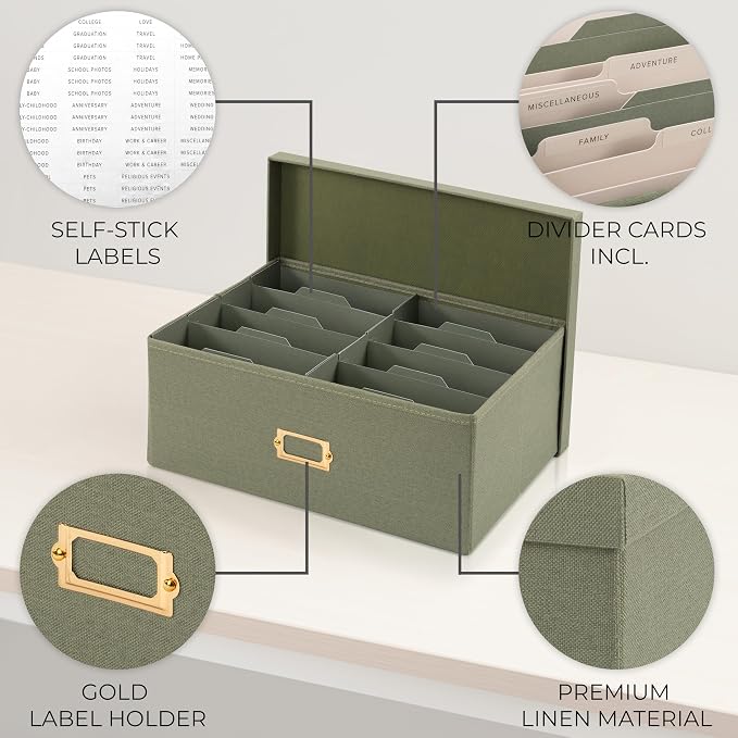 Decorative Photo Storage Box - Sturdy Linen Organizer Holds 1700 Photos | Organizer with Dividers Stores Up to 1700 5x7 Pictures - Portable Scrapbook Storage Containers with Lid - Image 6