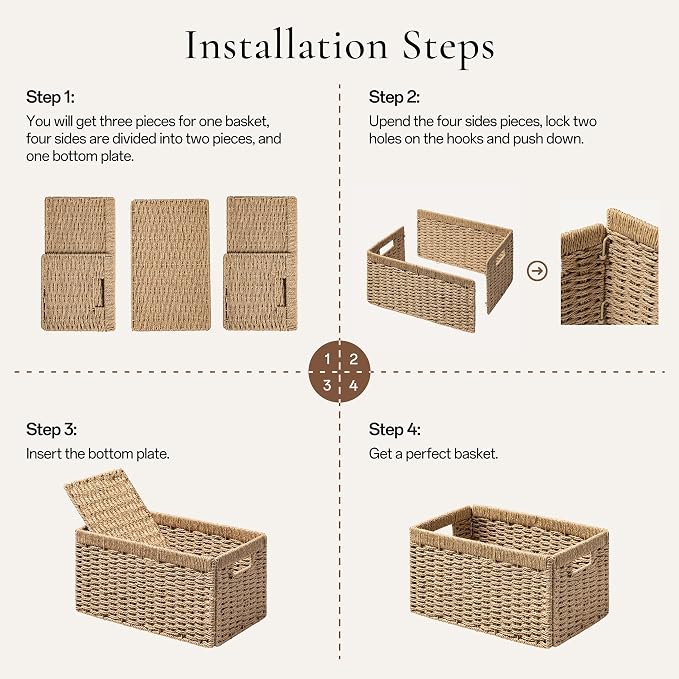 UBBCARE 2 Pack Wicker Basket, 13.4L×8.3H×7.1W inch Woven Paper Rope Storage Baskets for Shelves, Foldable Rectangular Storage Baskets with Handle, Storage Basket for Organizing, Natural - Image 7