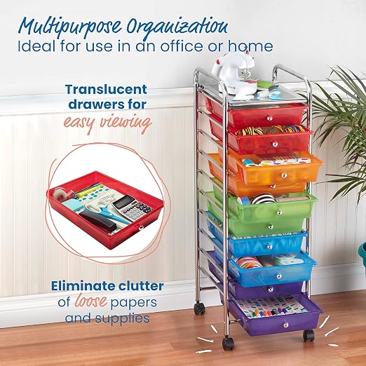 ECR4Kids 10-Drawer Everyday Mobile Storage Utility Cart, Assorted | Durable plastic bins, steel frame, GREENGUARD Gold Certified, 50 lb capacity, rolling casters, craft supplies, office, home - Image 4