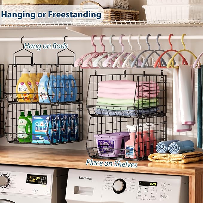 6-Tier Extended Depth Hanging Closet Organizers and Storage for Closet Organization, Stackable Hanging Shelves with Hooks for Clothes Sweaters Towels Purses, Fits Closet Shelves & Wire Metal Shelving - Image 2
