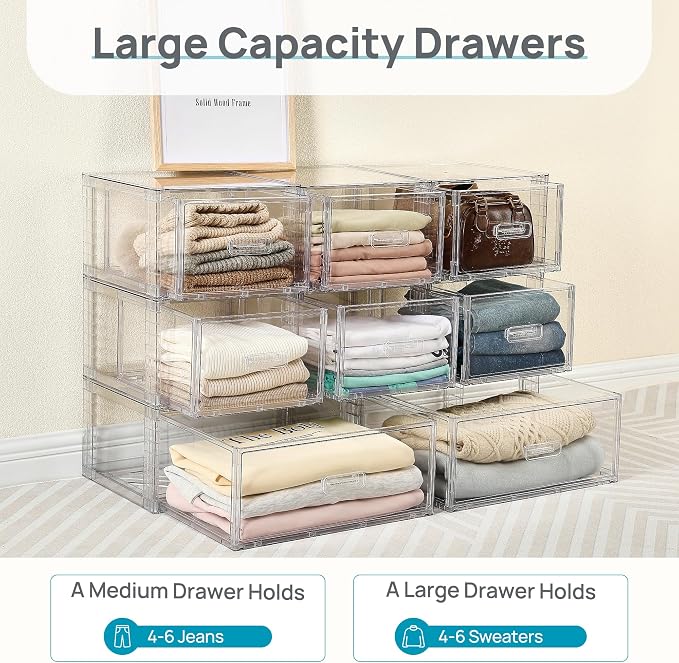 Vtopmart 9 Pack Clear Stackable Storage Drawers 15QT | Easily Assemble Closet Organizers,Plastic Storage Bins for Bathroom,Cabinet,Kitchen Pantry,Under Sink Organization(Medium) - Image 9