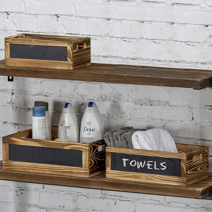 MyGift Rustic Burnt Wood Nesting Storage Bins with Chalkboard Panel and Cutout Handles, Decorative Farmhouse Wooden Stackable Open Top Boxes, 3 Piece Set - Image 3