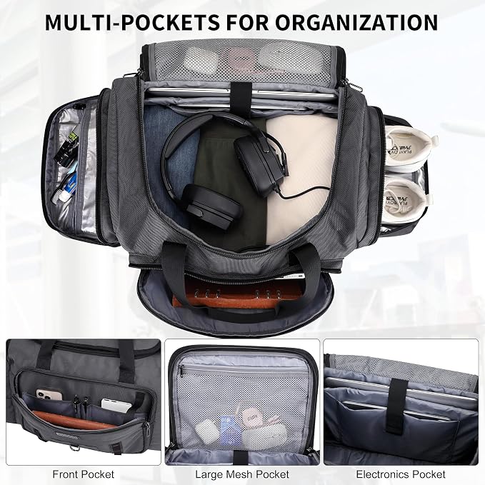 WITZMAN Duffle Bag for Men Large 49L Convertible Nylon Travel Sports Bag | With Shoe Compartment and Dry-wet Pocket, Fits 16" Laptop, Carry On, For Gym, Weekender, Overnight Trips, B719 Silvery Grey - Image 3