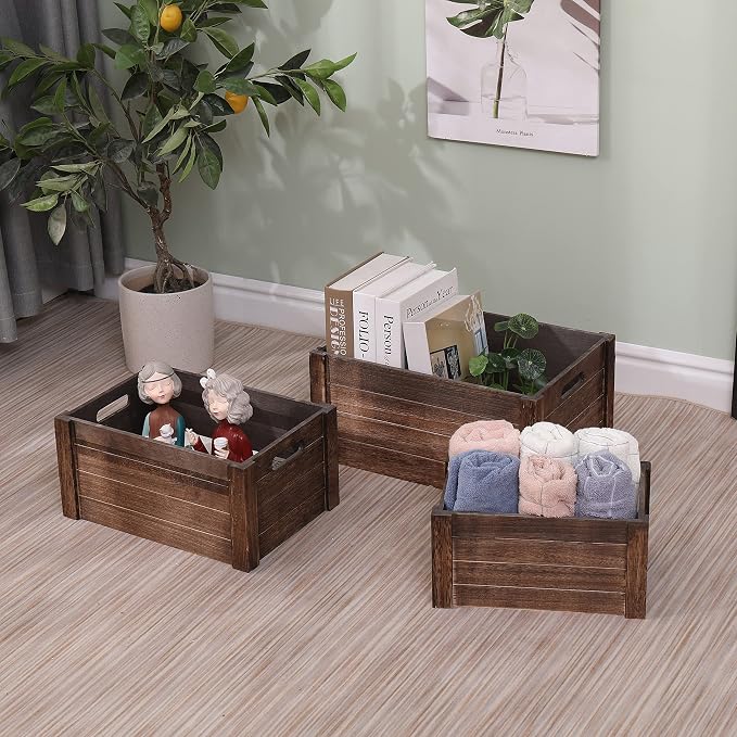 Farmhouse Antique Black Wooden Crate for storage,Rustic Decorative Boxes,Set Of 3 Nesting Wooden Storage Crates For display,Handmade Natural Solid Wood Box (Rustic Black) - Image 5